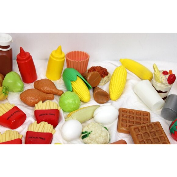 Plastic Play Food Lot Kitchen Fries Pizza Cutter Waffle Hot Dog Hamburger Fruit - Picture 3 of 16